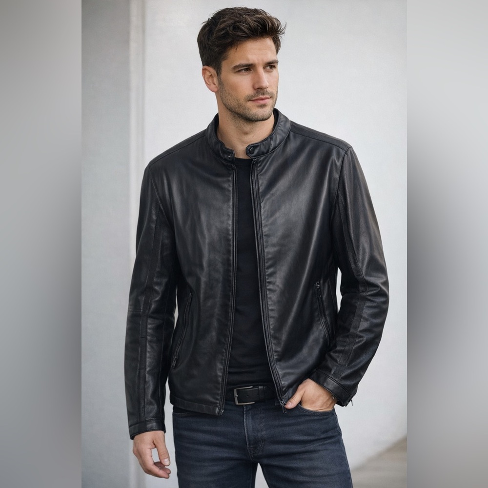 ZARA MAN Leather Black Biker Jacket Zipped Pockets  Size XL
